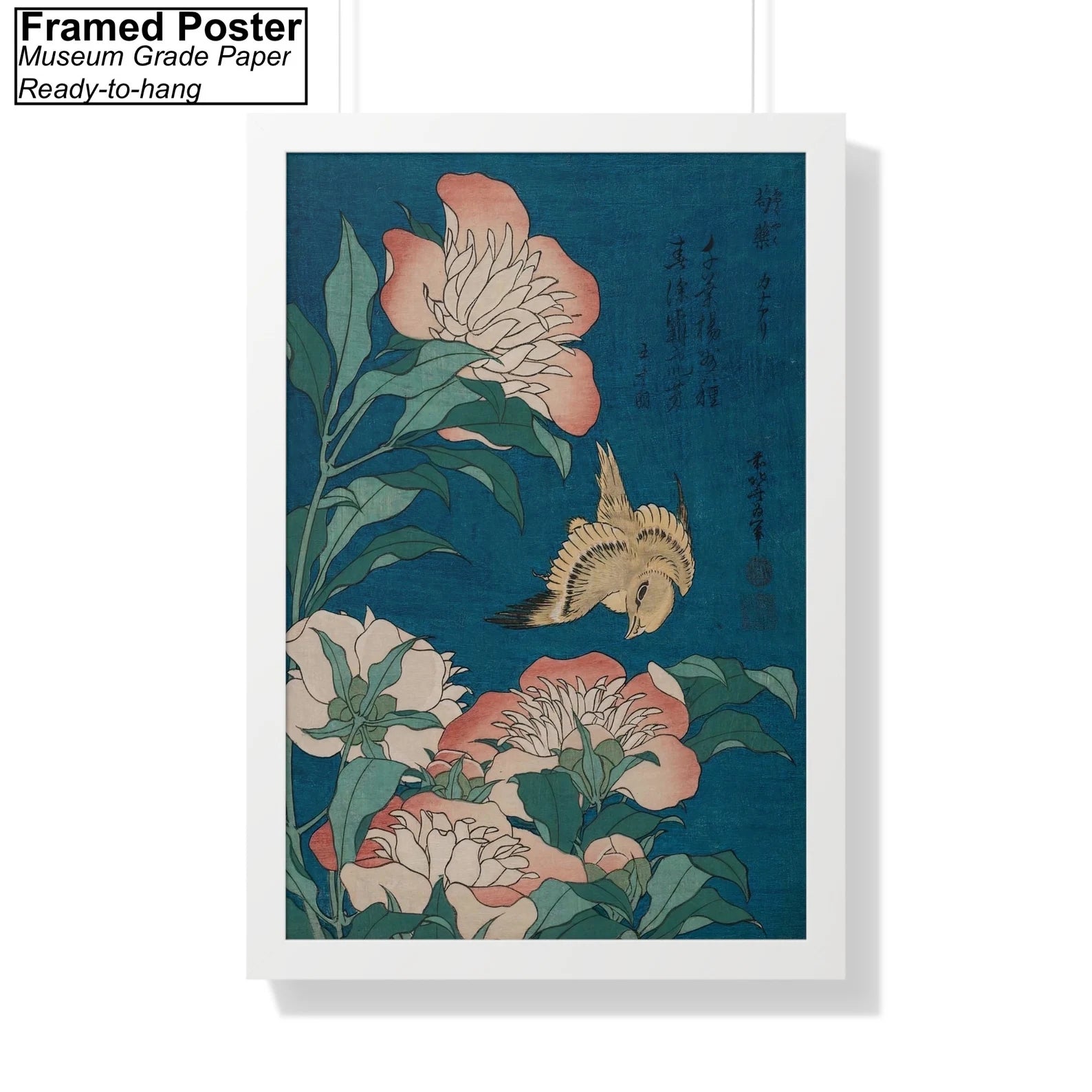 Canary and Peonies by Katsushika Hokusai White Framed Poster