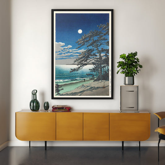 Hasui Kawase Spring Moon at Ninomiya Beach Canvas/Poster Wall Art Reproduction, Japanese Landscape Painting Print, Shin Hanga Style